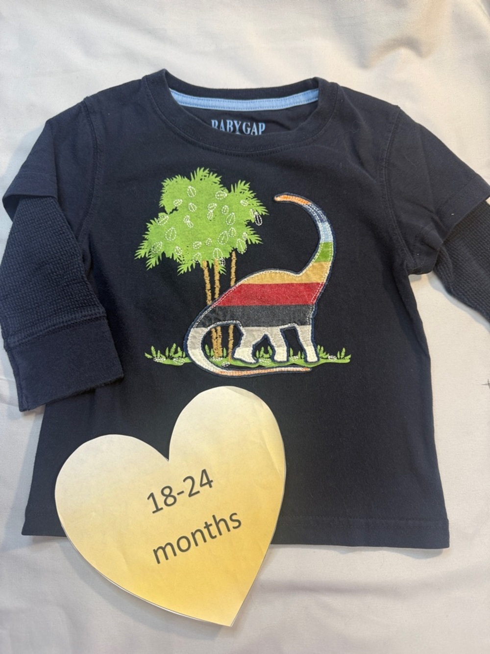 GAP Navy Long Sleeve Tee with Striped Dinosaur Appliqué
